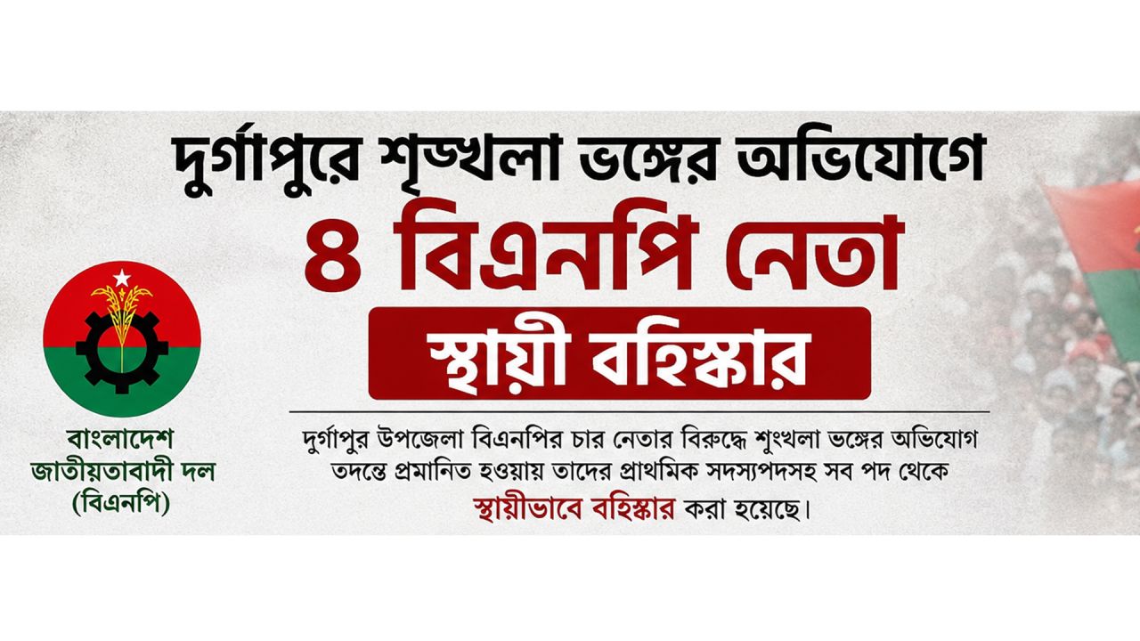 দুর্গাপুরে শৃঙ্খলা ভঙ্গের অভিযোগে ৪ বিএনপি নেতা স্থায়ী বহিষ্কার
